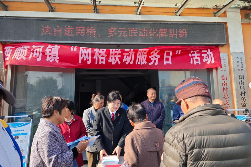 洪泽法院联动开展“网格联动服务日”活动，图为干警向村民发放普法手册、现场答疑.jpg